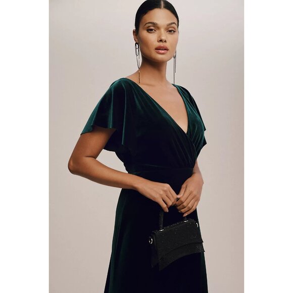 NWOT Jenny Yoo Ellis Flutter-Sleeve Open-Back Stretch Velvet Gown - Picture 2 of 8